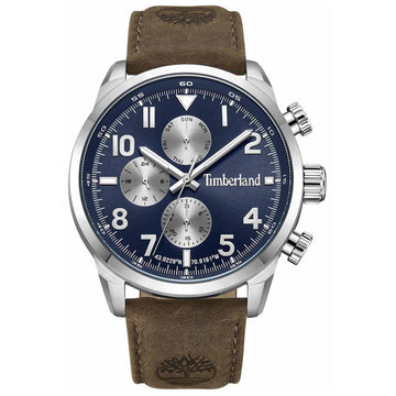 Αντρικό ρολόι Timberland Henniker II TDWGF0009501 με καφέ δερμάτινο λουράκι και μπλε καντράν διαμέτρου 46mm.
